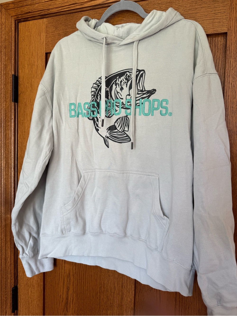 Bass Pro Shops Light Gray Hoodie with Teal Logo Bass Fish Graphic